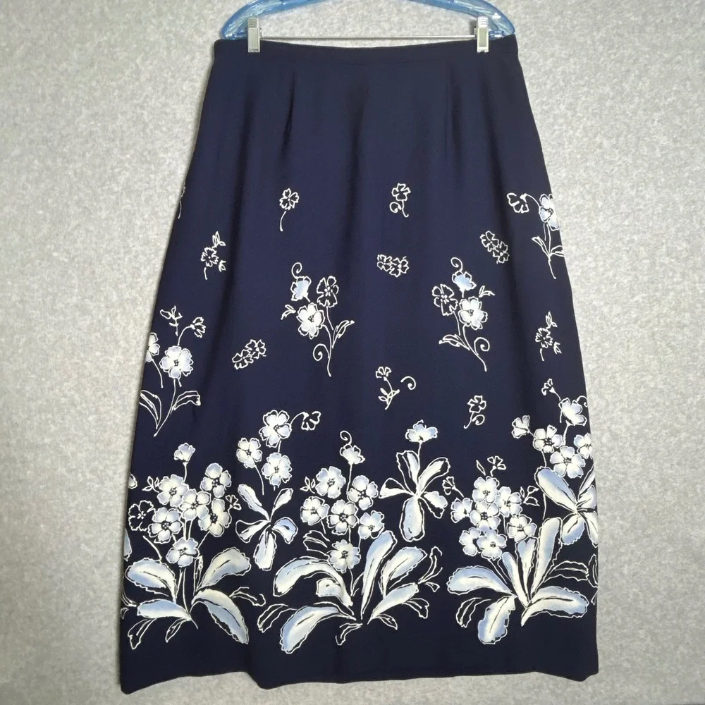 VTG Laura Scott Maxi Skirt Womens 18W Navy Blue Floral Border Print Cottagecore